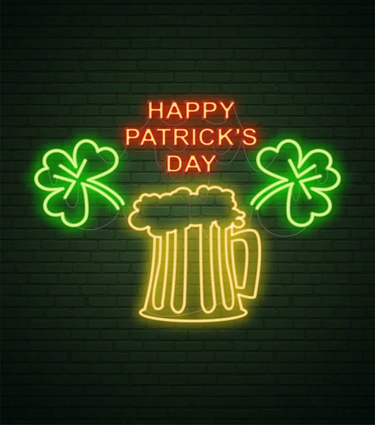 Patricks Day Neon znak i zielony mur. Realistyczne znak. NAT — Wektor stockowy