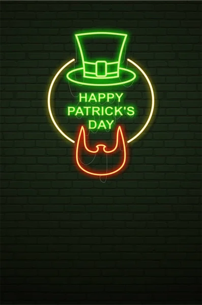 Patricks Dia Neon sinal e parede de tijolo verde. Barba irlandesa de Lepr — Vetor de Stock