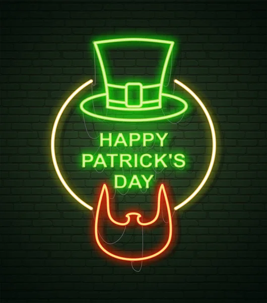 St Patricks Day Panneau néon et mur de briques vertes. Barbe irlandaise de L — Image vectorielle