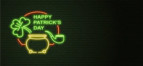 St Patricks Day Signo de neón y pared de ladrillo verde. Signo realista . — Vector de stock