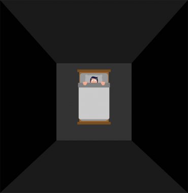 Battaniyenin altında adam korkuyor. Yatakta korku.