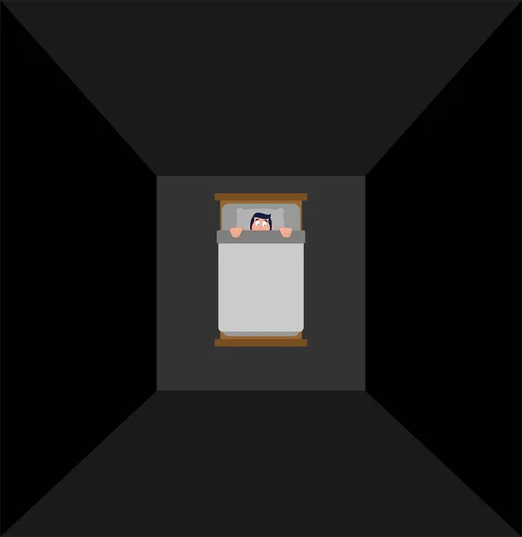 O homem debaixo do cobertor tem medo. Medo na cama . — Vetor de Stock