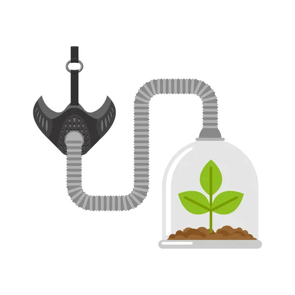 Máscara de gas y planta en Glass Bell. Tarro de vidrio y brote. Respiración o — Vector de stock