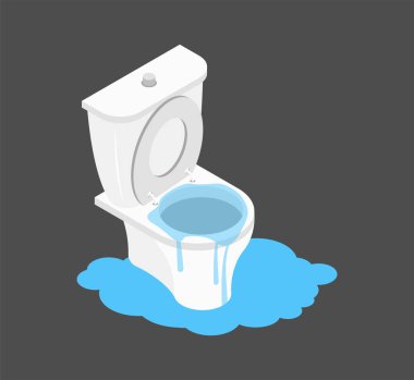 Isometry Tuvalet tıkanmış. Sızıntı kanalizasyon. Çöp içinde Wc