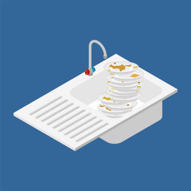 Kitchen sink and lot of dirty dishes. Isometric style vector ill clipart