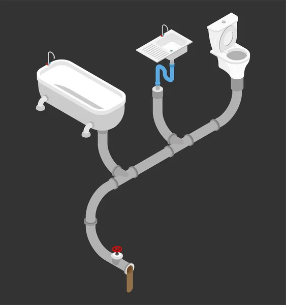 Système d'égouts. Alimentation en eau du robinet. Toilettes et baignoire. Évier Iso — Image vectorielle