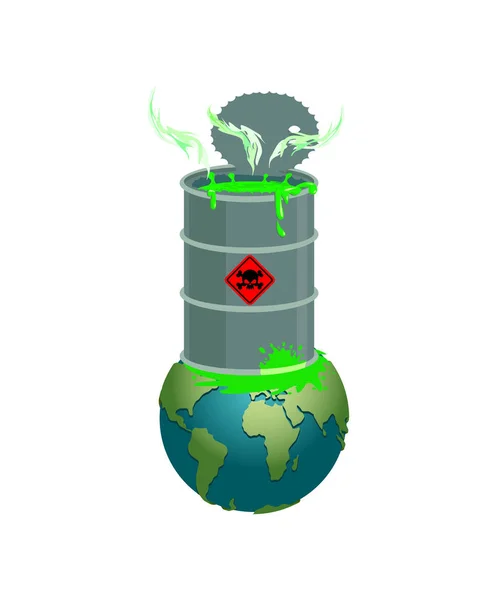 Chemical waste Barrel and earth. Pollution of planet. Nuclear wa — Stock Vector