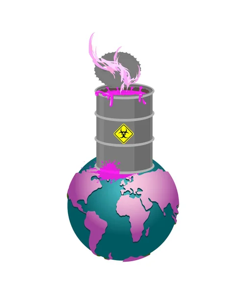 Chemical waste Barrel and earth. Pollution of planet. Nuclear wa — Stock Vector