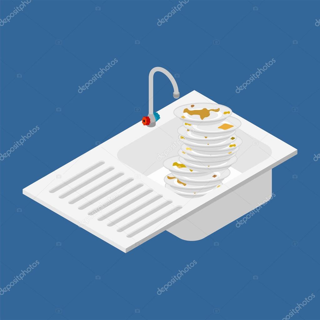 Kitchen sink and lot of dirty dishes. Isometric style vector ill