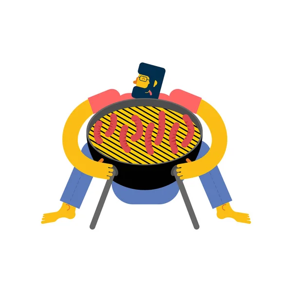 I love barbecue. Man hugging BBQ grill. — Stock Vector