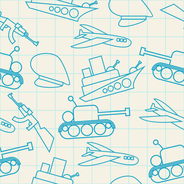 Military Hand drawing in notebook paper seamless pattern. Army b