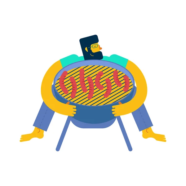 J'adore le barbecue. Homme étreignant barbecue grill . — Image vectorielle