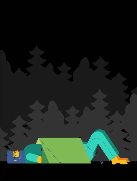 Kirándulás az éjszakai. Kilóg a fej és a lábak a sátor. Szomorú camping — Stock Vector