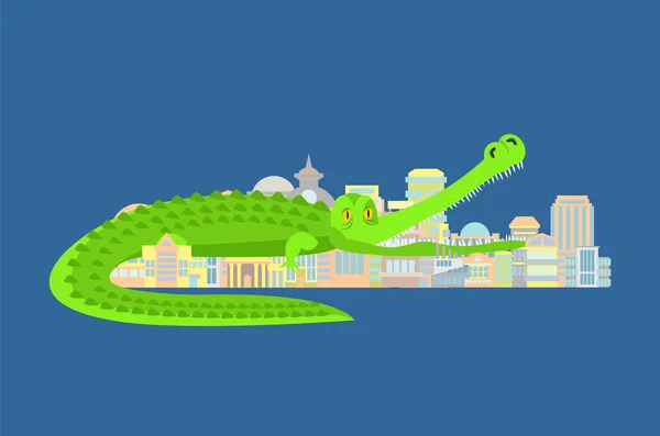 Krokodile fressen Stadt. Amoklauf mythisches Monster zerstört Stadt. — Stockvektor