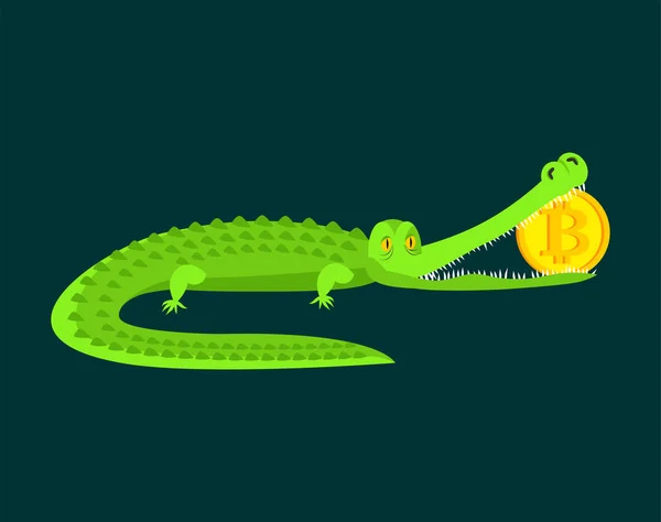 Coccodrillo in bocca bitcoin. Alligatore mangia cripto valuta — Vettoriale Stock