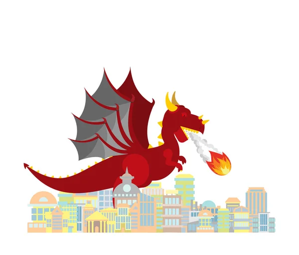 Dragon hoří město. Červené velké mytické monstrum ničí město. — Stockový vektor