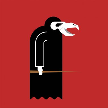 Plague Doktor. Kuş kafatası ve siyah yağmurluk. Ortaçağ tıbbi m