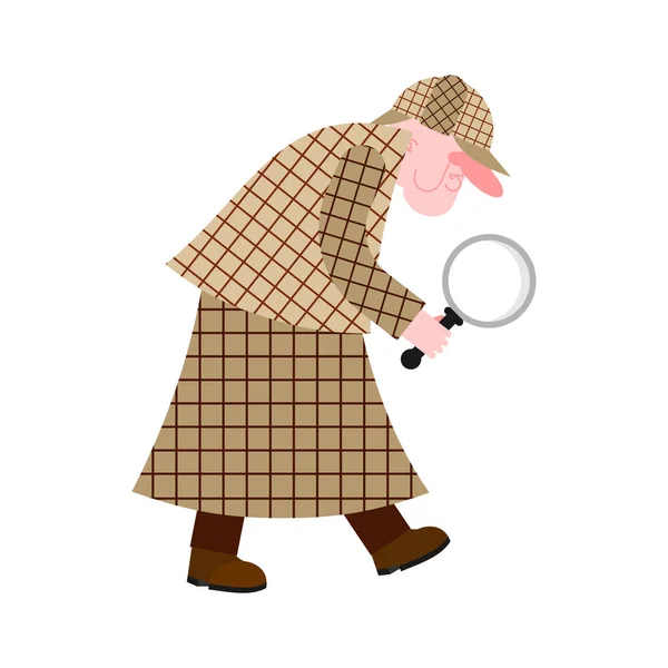 Private detective in raincoat and with magnifying glass. Vector — Stock Vector