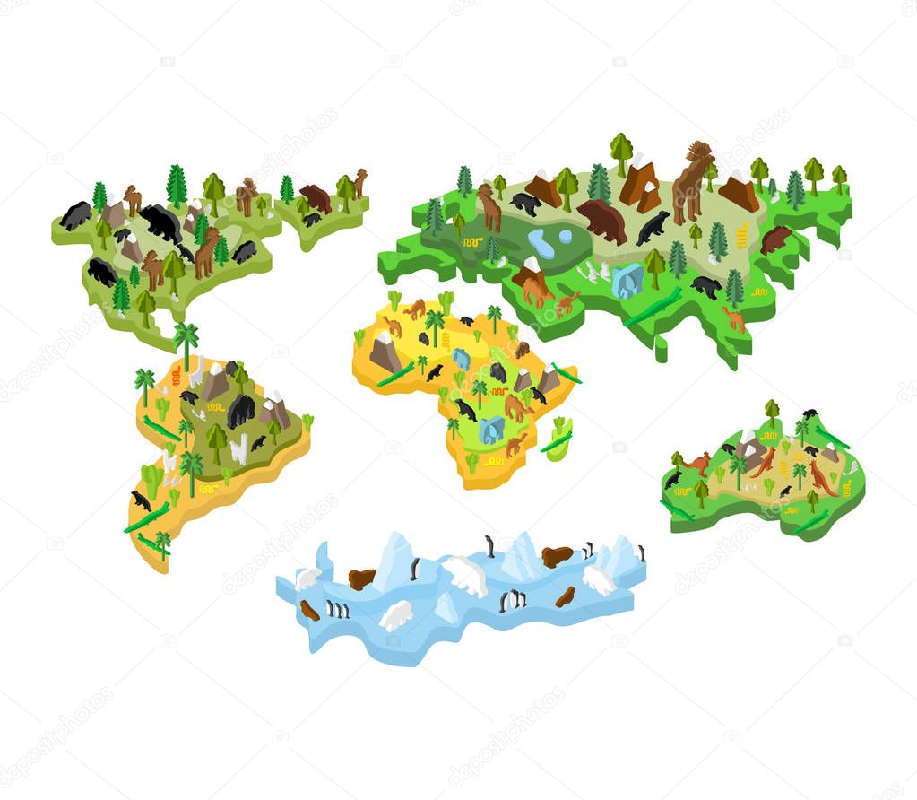 World map animal Isometric style. Earth continent flora and faun