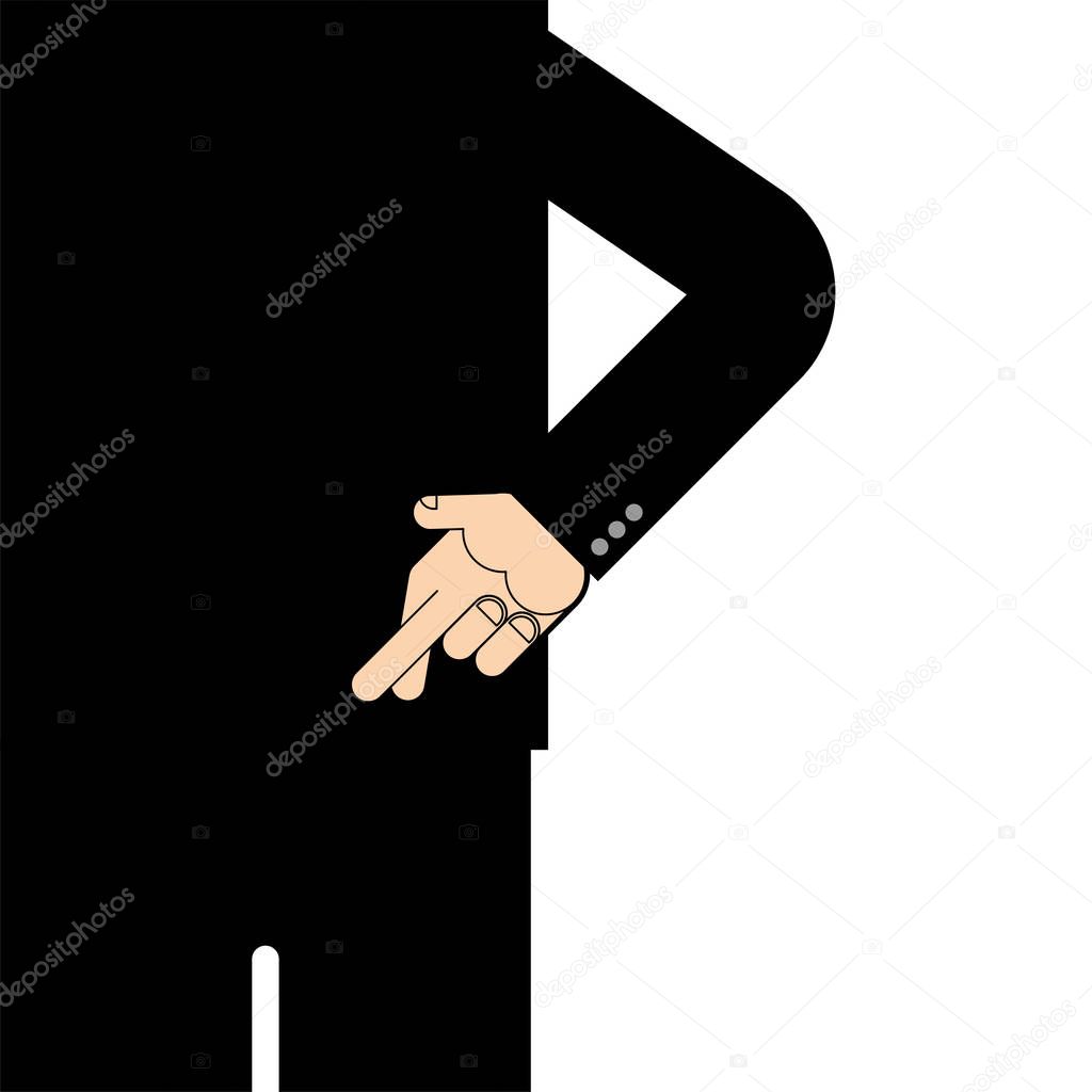 Behind crossed fingers. Fingers symbol deception. Vector illustr