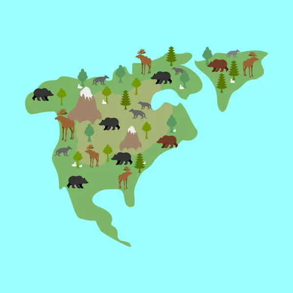 Nordamerika Karte Flora und Fauna. Tiere und Pflanzen auf dem Festland — Stockvektor
