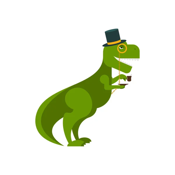 Dino-herren. Tyrannosaurus hatt hög hatt och kopp te. Gurkväxter — Stock vektor