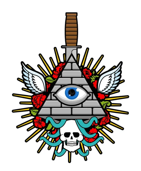 Piramide met een oog. Een alziend oog. Symbool van wereldregering. — Stockvector