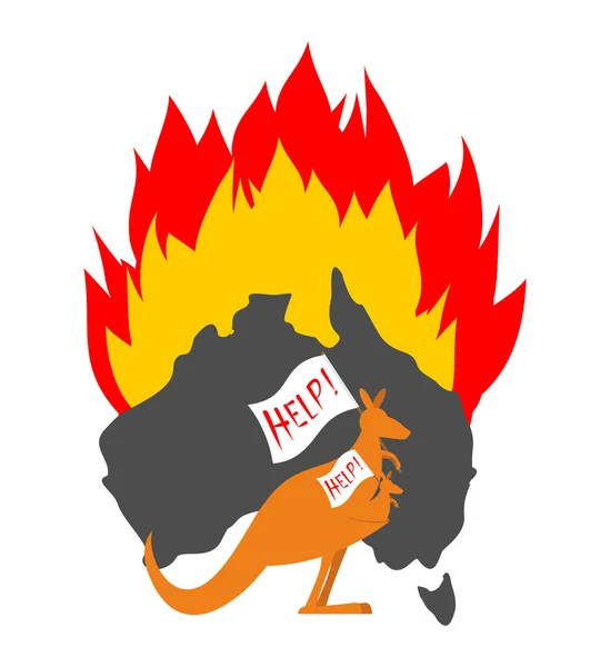 Canguro con poster-Aiuto. Incendio in Australia. illustrati vettoriali — Vettoriale Stock