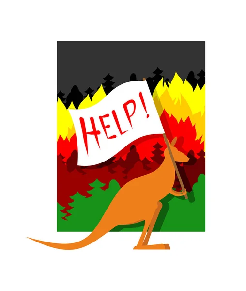 Canguro con afiche-Ayuda. Fuego en Australia. vector illustrati — Archivo Imágenes Vectoriales