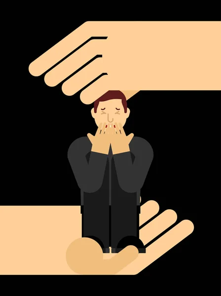 La mano ayuda al hombre solitario en la depresión. Tipo infeliz sentado y abrazado — Archivo Imágenes Vectoriales