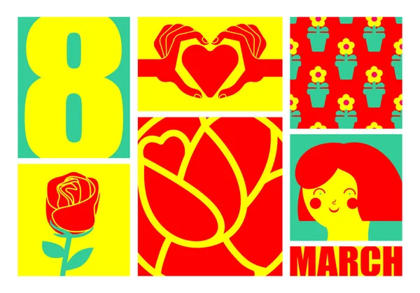 8 de Março. Dia Internacional da Mulher. Flor, coração e amor. Templ — Vetor de Stock