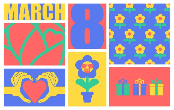 8 mars. Journée internationale de la femme. Fleur, cœur et amour. Templ — Image vectorielle