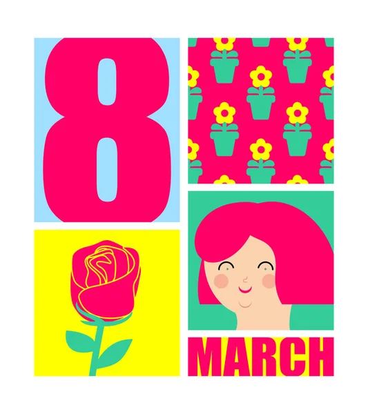 8 March. International womens day. Flower, heart and love. Templ — Stock Vector