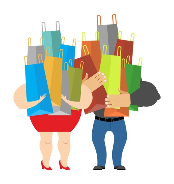 Mulher e Homem com sacos de compras. Feminino e Masculino compras vecto —  Vetores de Stock