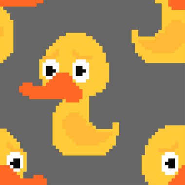 Kauçuk ördek pikseli desenleri kusursuz. Oyuncak 8 bit arkaplan. Pixelate vektör çizimi. Bebek kumaşı dokusu