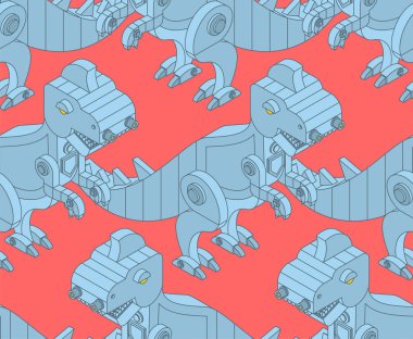 Robot dinozor desenleri kusursuz. Demir canavar tarih öncesi geçmiş. Mekanik T-Rex hayvan avcısı süsü. Bebek kumaşı dokusu