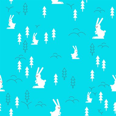 Orman desenli tavşanlar. Tavşan ve ahşap arka plan..  
