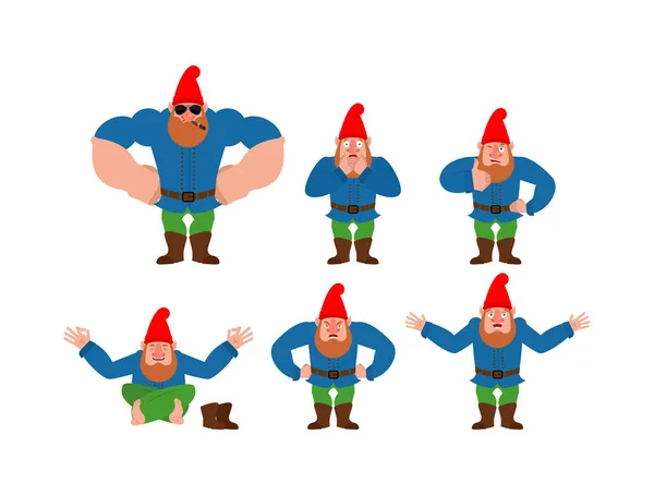 Jardim Gnome Set Poses Anão Feliz Ioga Assustado Zangado Culpado — Vetor de Stock