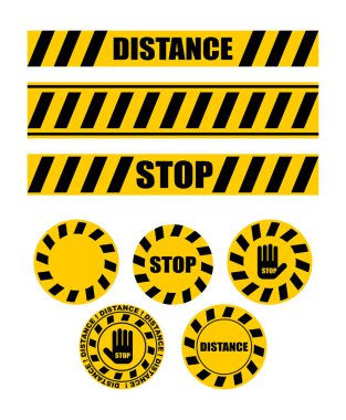 Virüslü çıkartma mesafesi. Mesafeni koru. Dükkanlar ve halka açık yerler için çıkartmalar. Coronavirus izolasyon modu. Virüsten karantina. Salgın.