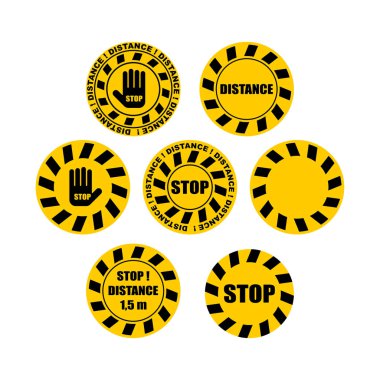 Çıkartma mesafesi uyarı işareti. Mesafeni koru. Dükkanlar ve halka açık yerler için çıkartmalar. Coronavirus izolasyon modu. Virüsten karantina. Salgın.