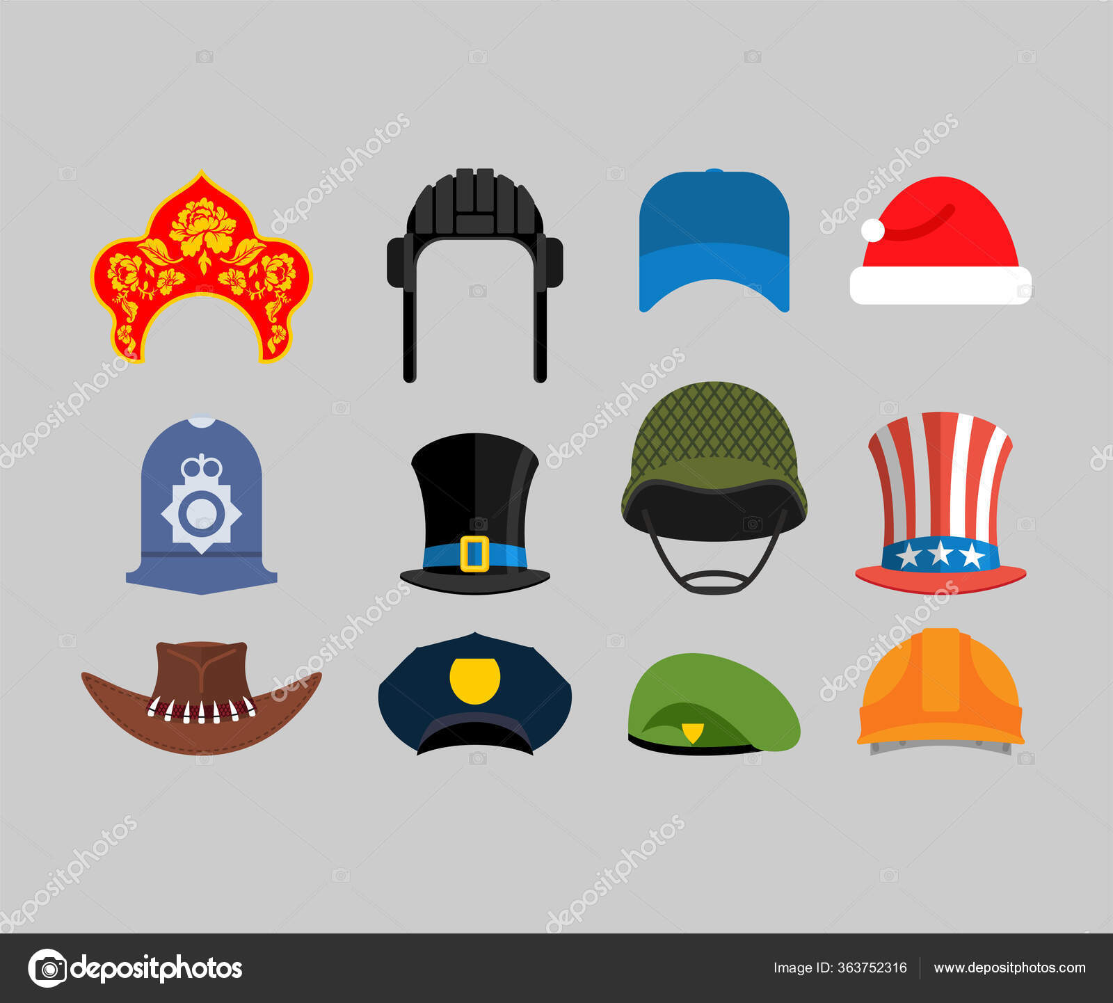 Шляпы Расставлены Зеленый Берет Цилиндр Ковбой Полицейский.