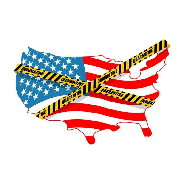 アメリカの隔離だ アメリカ地図は黄色の警告テープの隔離に包まれている 世界中のコロナウイルス流行 概要Covid 19パンデミック 世界災害 — ストックベクタ