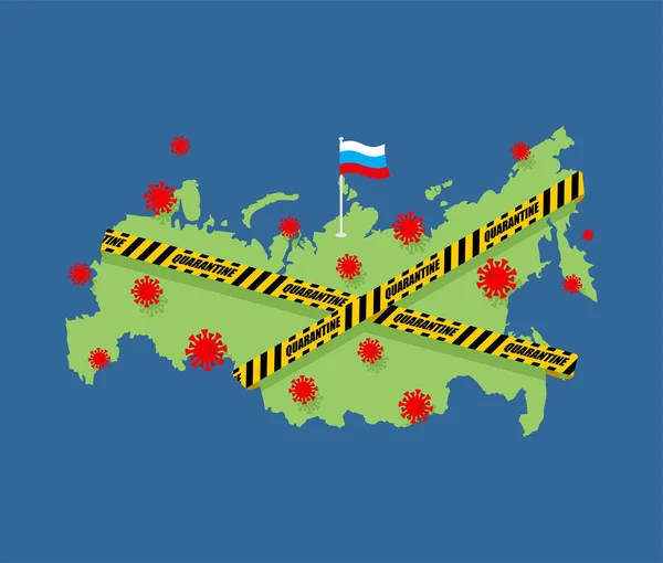 Quarantena Russia Mappa Russa Avvolta Nel Nastro Giallo Avvertimento Quarantena — Vettoriale Stock