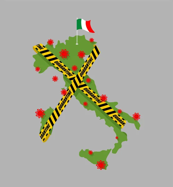Italien Insvept Gul Varningstejp Italiensk Karta Coronavirus Epidemi Världen Utbrott — Stock vektor