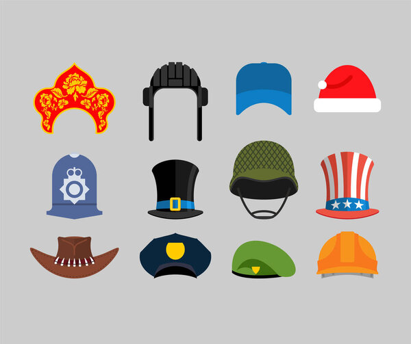 Hats set. Green beret and hat cylinder. Cowboy and policeman. Aristocrat and British sheriff. Statue of Liberty and Uncle Sam. Russian kokoshnik and building helmet