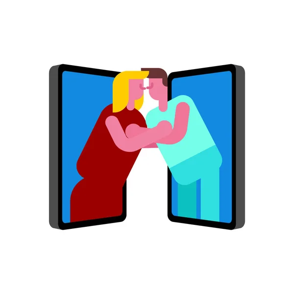 Online Kiss Online Relationship Lovers Couple Found Smartphones Man Woman — Stock Vector