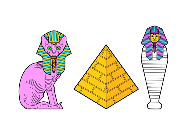 Sphinx Katze Und Ägyptische Pyramide Set Heiliges Tier Ägyptens Geheimnisvolles — Stockvektor