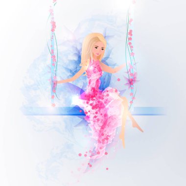 Bir kıza çiçek nazik giysili bir salıncak üzerinde oturuyor.