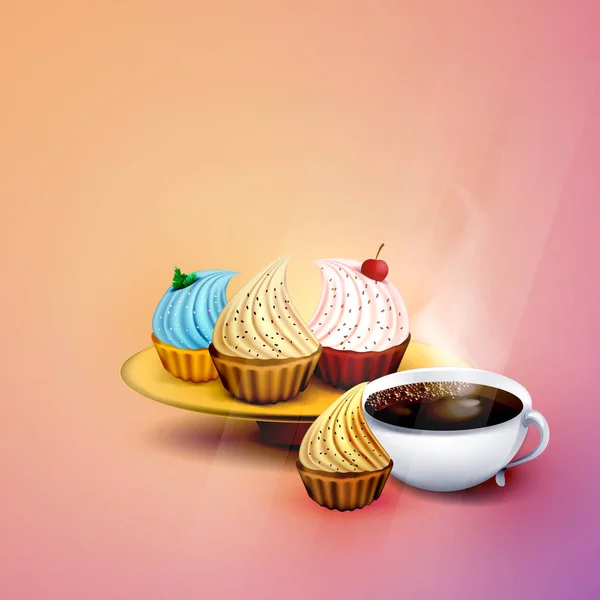 Copo Café Dos Desenhos Animados Com Cupcakes Doces Conceito Tempo — Vetor de Stock