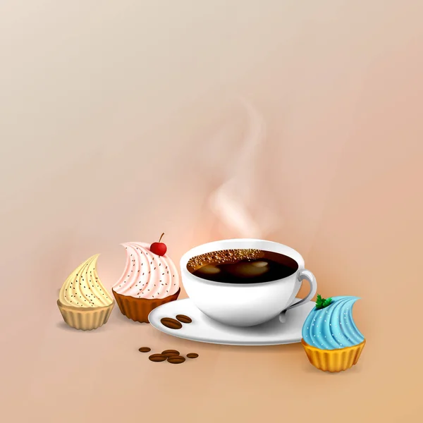 Cartoon Kaffekopp Med Söta Cupcakes Begreppet Kaffe Tid Vektor Illustration — Stock vektor